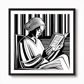 Reading A Book Linocut Black And White Painting, 317 Art Print