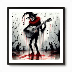 Stephen Gammell style, dessin, aquarelle, aquarelles, noir et blanc et rouge , de marais, de sombres créatures, dégoulinan, character resembling Pierrot playing guitar, musical notes all around him Art Print