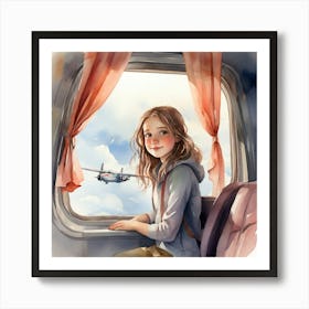 Girl Looking Out Of Airplane Window Art Print