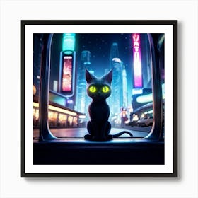 Friendly Alien Yellow Cat Like Eyes Sitting At A Bus Stop Flanked By Futuristic Poles Advertising Art Print