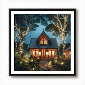 Cottage In The Forest At Night Art Print