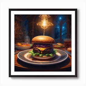 Burger On Plate On Table Centered Symmetry Painted Intricate Volumetric Lighting Beautiful Ri (1) Art Print