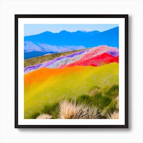 Multi Coloured Mountains Multi Coloured Grasses Stacked Together Blue Skies And Tranquil Nature (1) Art Print