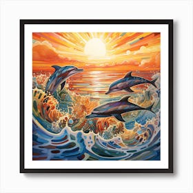 Dolphins At Sunset 2 Art Print