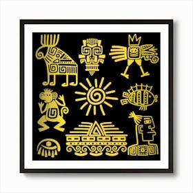Maya Style Gold Linear Totem Icons Art Print