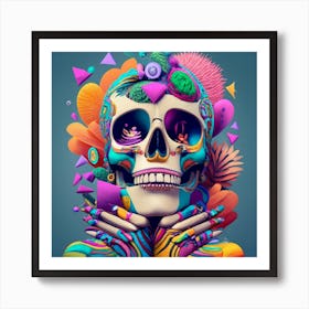 Skull With Colorful Flowers Art Print