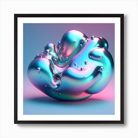 High-resolution image of a surreal, iridescent liquid blob with a glossy surface highlighted colors turquoise and fuschia. Art Print