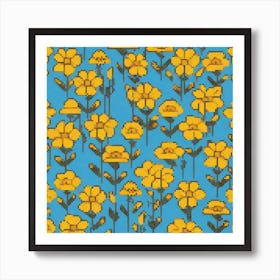 Yellow Flowers On A Blue Background Art Print