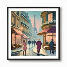 Paris cafes, winter season, Christmas, pale colors, pedestrians in the street, winter clothes, falling snow.4 2 Art Print