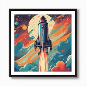 A Retro Style Rocket Ship Blasting Off Into Space, With Colorful Exhaust Flames And Stars In The Bac Art Print