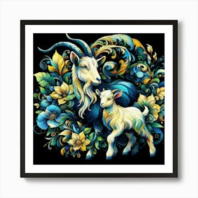 Goats And Flowers Art Print