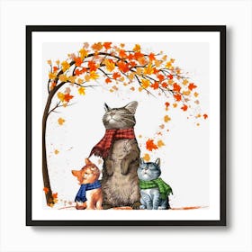 Cute Cat Fall Scarf Vintage Autumn Leaves Thanksgiving Art Print