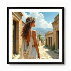 A Watercolor Painting Of A Beautiful Greek Woman In A Sunlit Ancient Village 1 Art Print