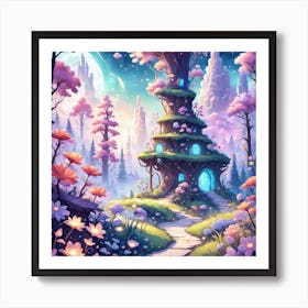 A Fantasy Forest With Twinkling Stars In Pastel Tone Square Composition 114 Art Print