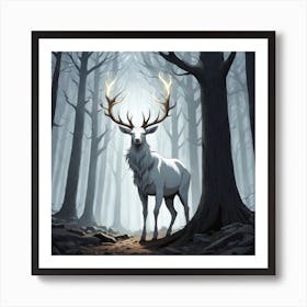 A White Stag In A Fog Forest In Minimalist Style Square Composition 6 Art Print