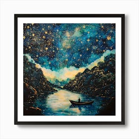 Starlit Serenity – Cosmic Night River Scene With Boat And Glowing Sky Wall Art Art Print