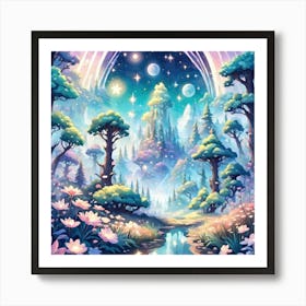 A Fantasy Forest With Twinkling Stars In Pastel Tone Square Composition 306 Art Print