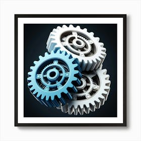 A render of three interlocking gears. The gears are blue, white, and gray. The blue gear is in the front and is the largest. The white gear is in the middle and is slightly smaller than the blue gear. The gray gear is in the back and is the smallest. The gears are all meshed together and are turning. The background is black. Art Print