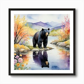 Black Bear By The River In Watercolor Art Art Print