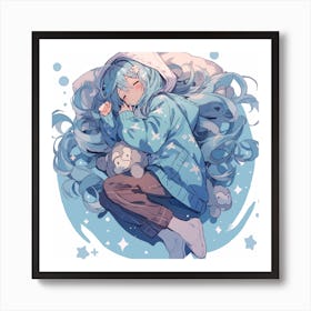 Anime Girl Sleeping With Teddy Bear Art Print