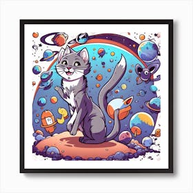 Cartoon Animals Flowers A Grey Cat Walks In Space Stars And Planets Cartoon Style 0 Art Print