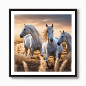 Three White Horses Running At Sunset Art Print