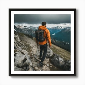 Backpacker Hiking In The Mountains Art Print