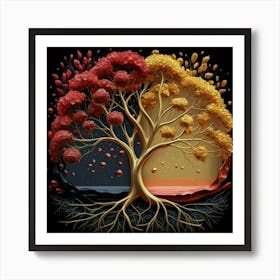 Template: Half red and half black, solid color gradient tree with golden leaves and twisted and intertwined branches 3D oil painting 10 Art Print