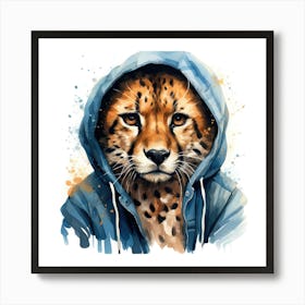 Watercolour Cartoon Cheetah In A Hoodie 2 Art Print