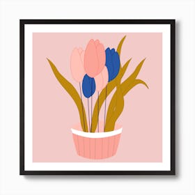 Pink And Blue Tulips In A Pot 2 Art Print