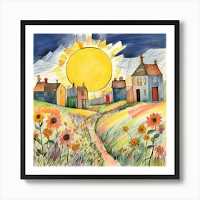 Crayon Drawn Landscape Featuring A Sun Smiling In The Corner Oversized Flowers With Irregular Petal 417913799 (1) Art Print