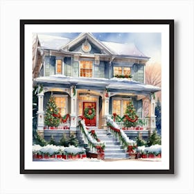 Christmas Decorated Home Outside Watercolor Trending On Artstation Sharp Focus Studio Photo Int (7) Art Print