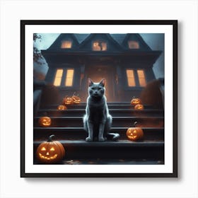 Halloween Cat In Front Of House 21 Art Print