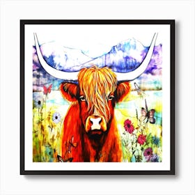 Highland Cow And Flowers - Cow In The Meadow Art Print