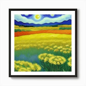 Starry Night In The Sunflower Field Art Print