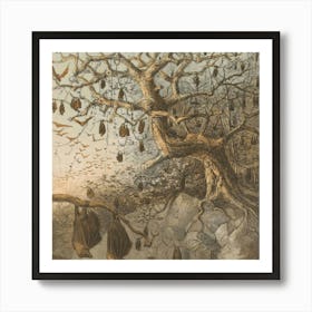 Bats Hanging From A Tree Art Print