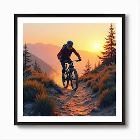 Mountain Bike On A Rugged Trail With Sunset Watercolor 1 Art Print