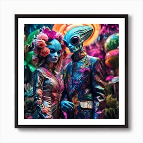 Extraterrestrial Botanists Explore An Alien World Dressed In Eccentric Fashion That Blends Seamlessly With The Vibrant Flora Art Print