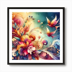 Colorful Flowers And Birds 3 Art Print