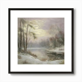 Ancient landscapes, old winter oil paintings and rocks around the lake bank. Snow is falling on the lake, old colors.4 Art Print