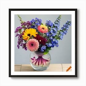 Craiyon 233945 A Tall Table Flower Arrangement In A 18cm Pink Hurricane Jar With Blue Delphiniums Art Print