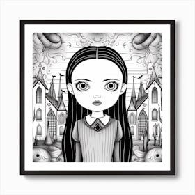 Wednesday Addams Line Art Cartoon Illustration 4 Fan Art Art Print