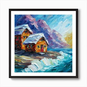 Acrylic and impasto pattern, mountain village, sea waves, log cabin, high definition, detailed geometric 14 Art Print