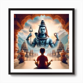 Boy meditating infront of Lord Shiva Art Print