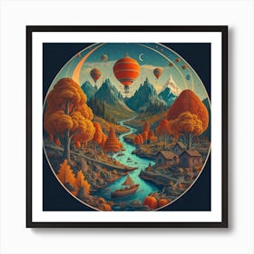 Picture Of An Autumn Landscape With Trees Mountain 1 Art Print