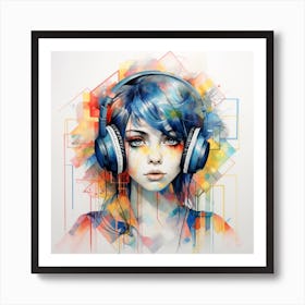 Girl With Headphones Colourful Geometric Watercolour And Pencil Art Print