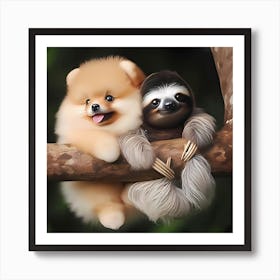 Pomeranian And Sloth hanging out Art Print