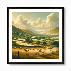 Sheep Grazing In A Field Art Print