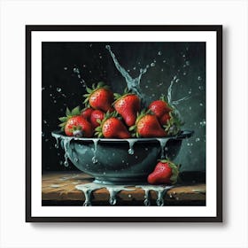 A delicate oil painting on black canvas of a plate filled with red berries Art Print