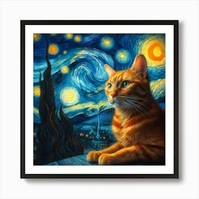 van goth Starry Night Cat 2 Art Print